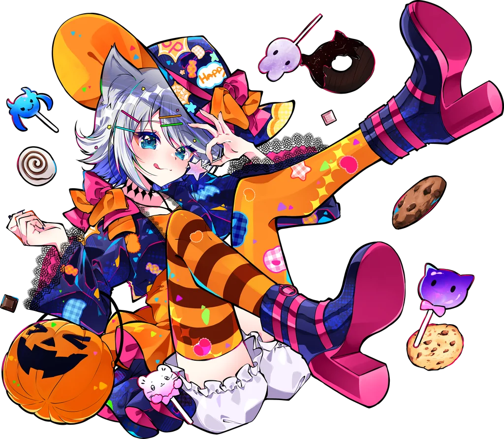 ハロウィン衣装でカボチャとお菓子を持つキャラクター